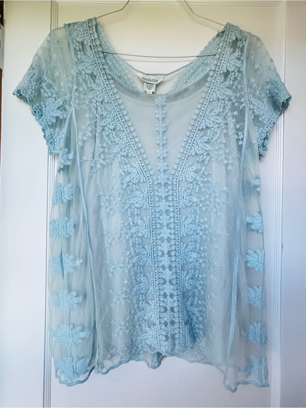 Sundance Light Blue Embroidered Lace Sheer Top Size Large